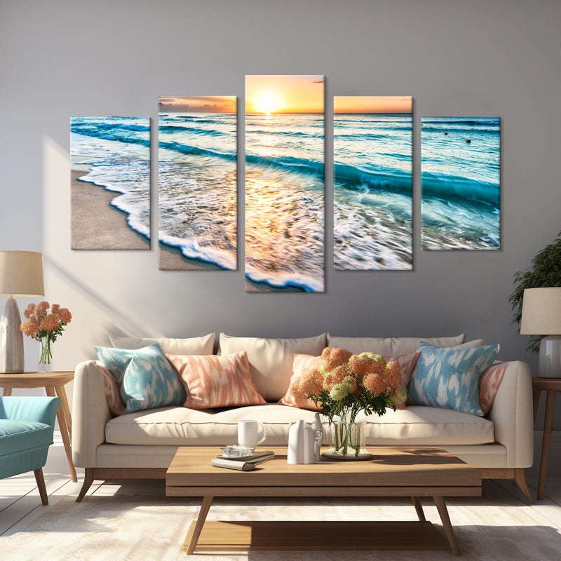 Goldfoilart 5 Pieces Beach Coastal Wall Art Sea Sunset Seascape Pictures Ocean Photography Canvas Large Horizontal Landscape Multi Framed Artwork for Bedroom Living Room Bathroom Wall Decor - Image 3